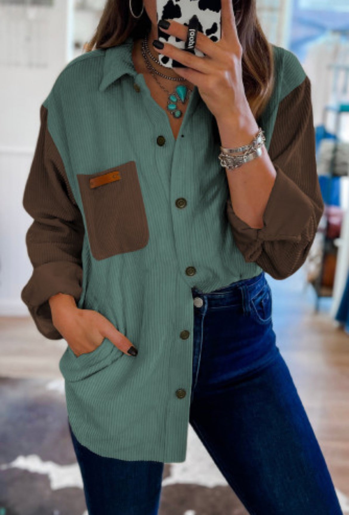 Corduroy Buttoned Front Pocketed Shacket