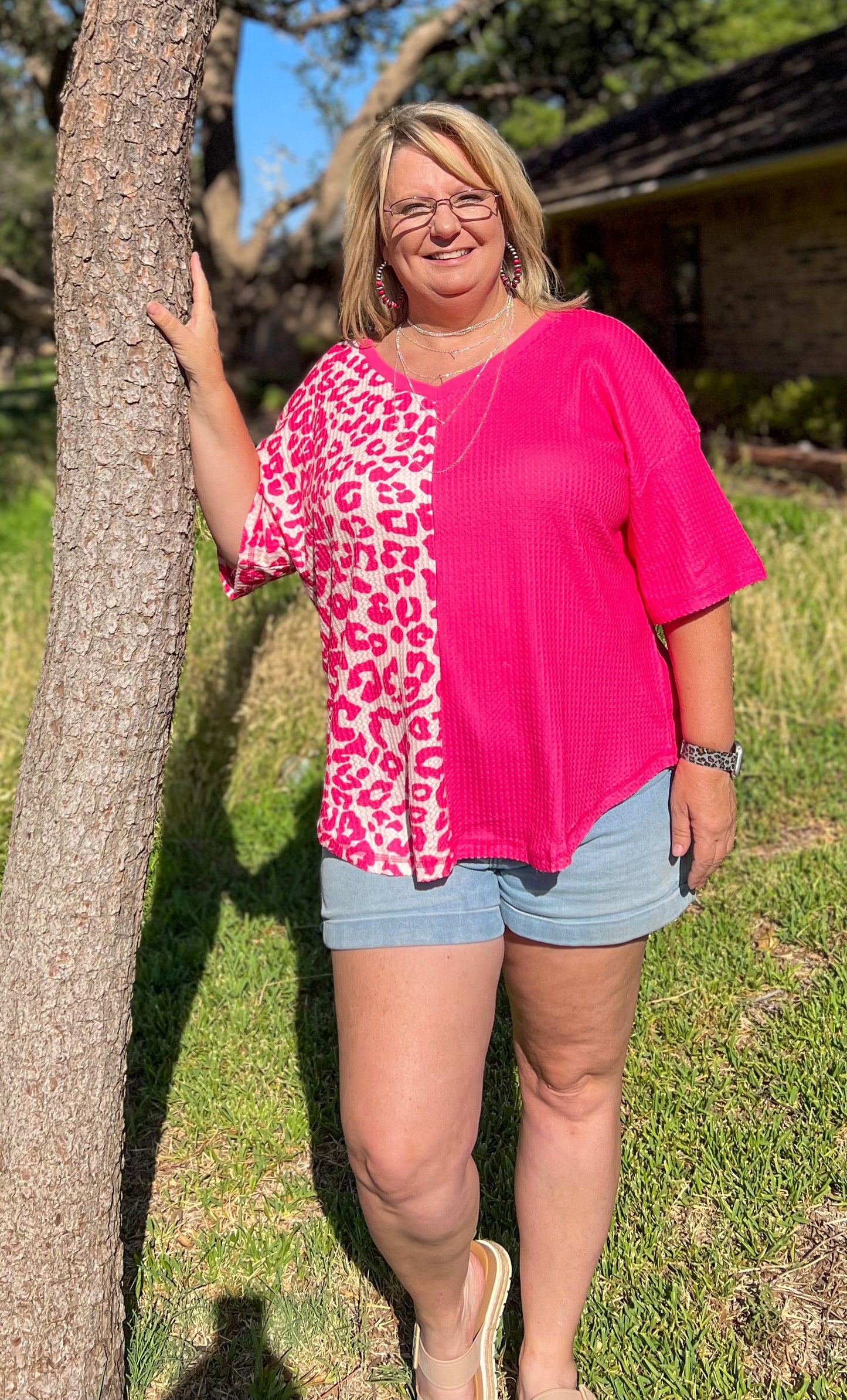 Pink Leopard Color Block Top