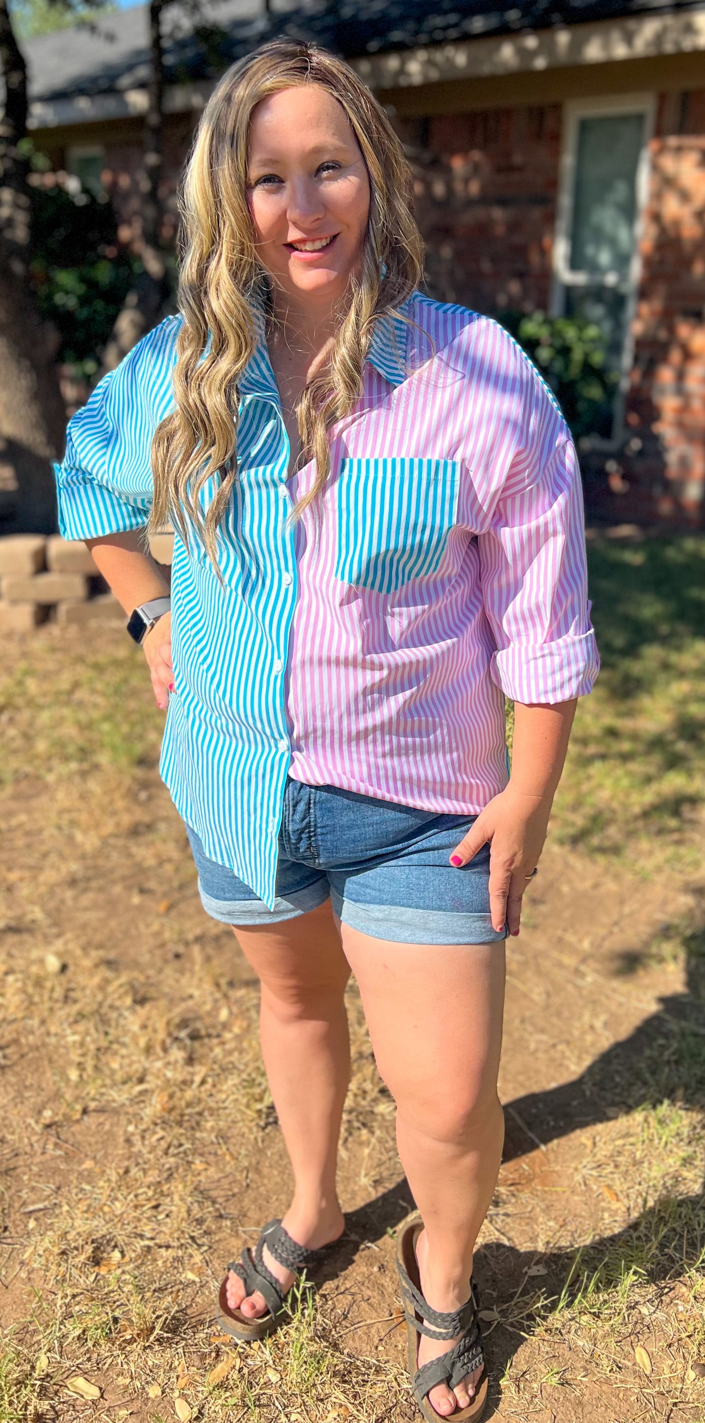 Pink & Blue Strip Button Up