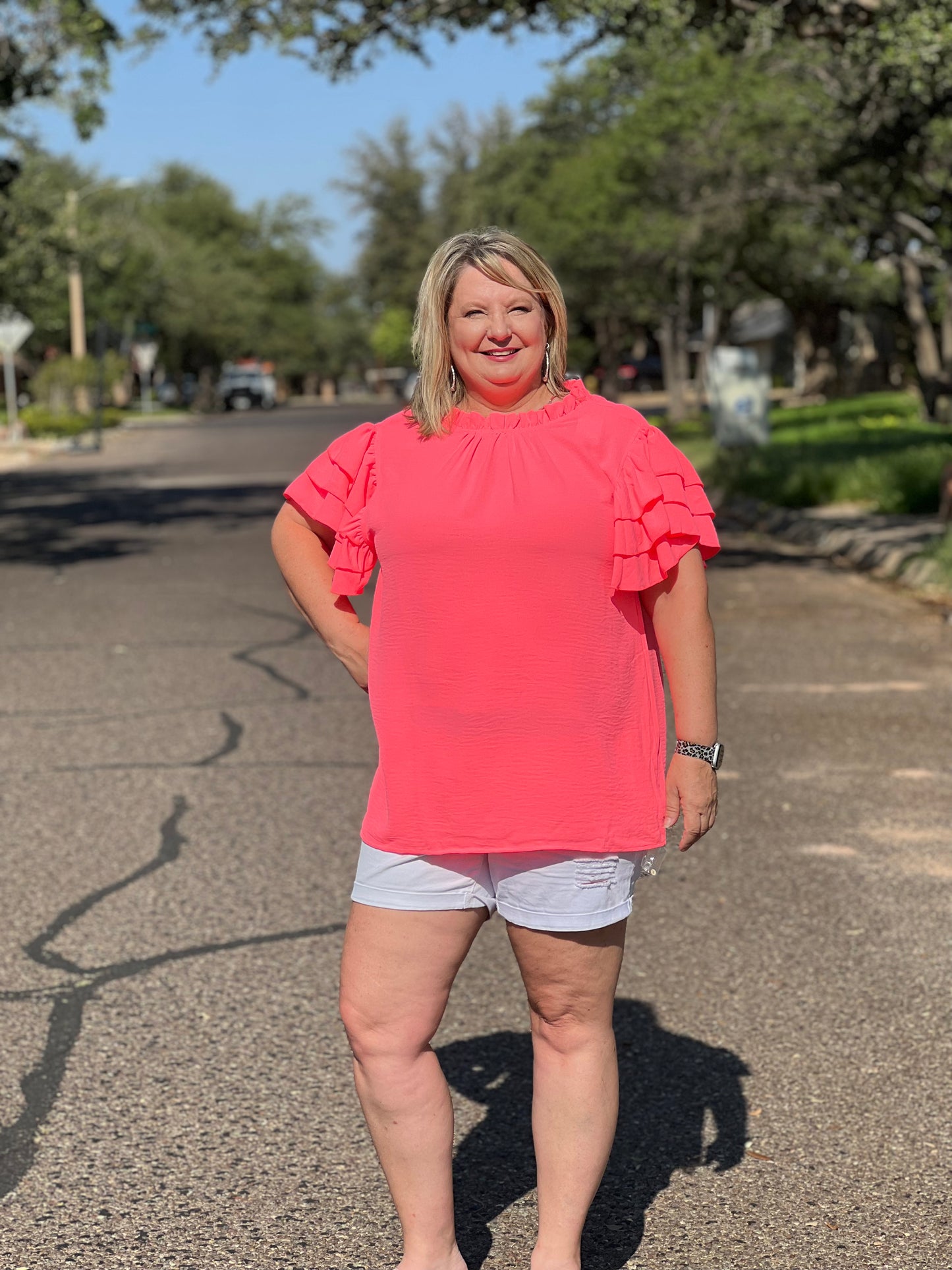 Neon Pink Ruffle Sleeve Top