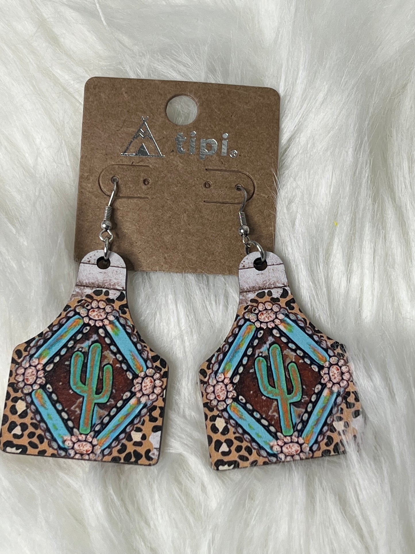 Wood Cactus Cattle Tag Earrings